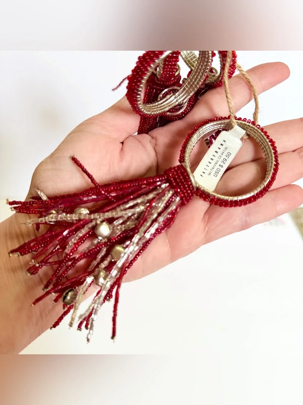 NWT Pottery Barn Red & Silver Beaded Jingle Bell Tassel Napkin Rings Set of 4